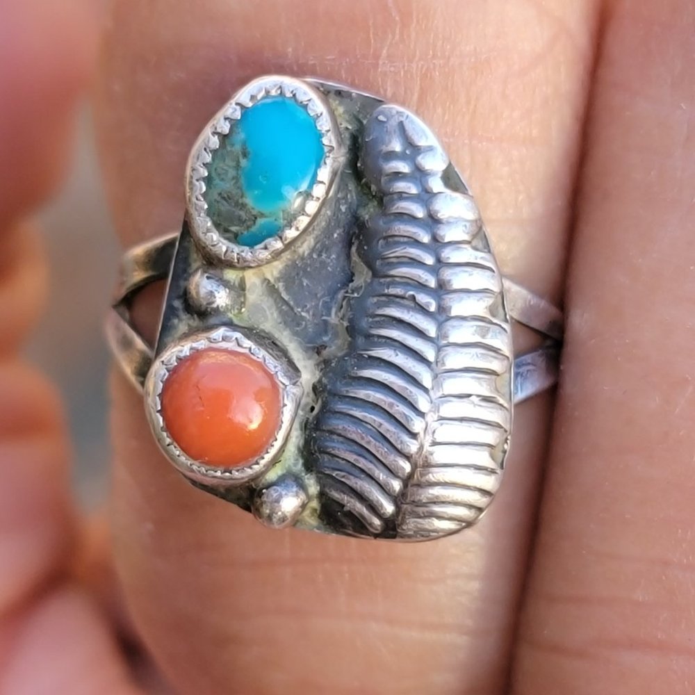 Native American handmade vintage 925 sterling silver turquoise + coral squash bl - Picture 2 of 13